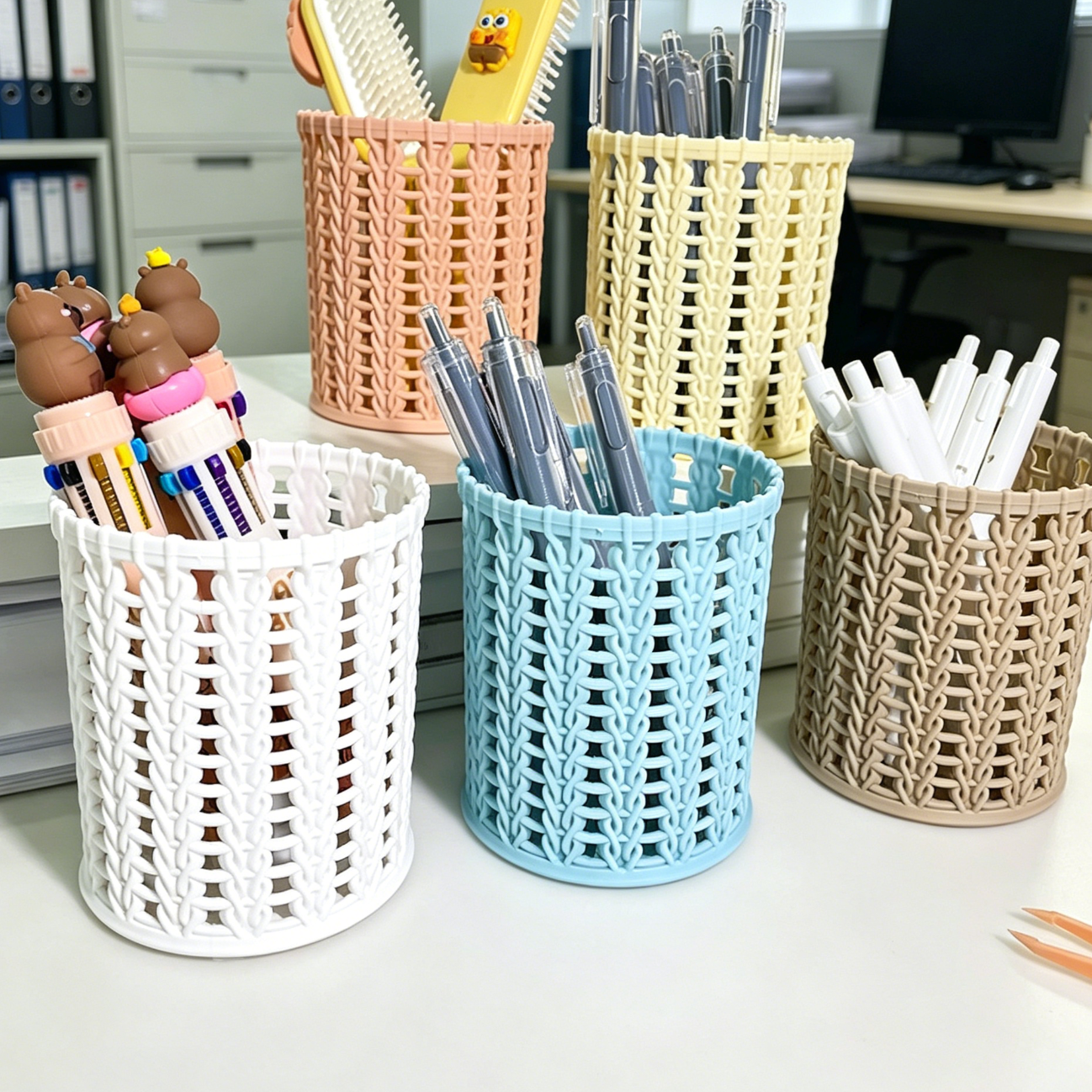 Rattan-style woven plastic pen holder