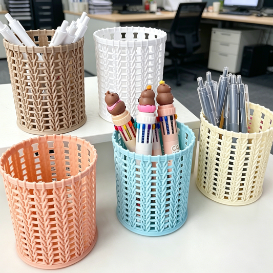 Rattan-style woven plastic pen holder